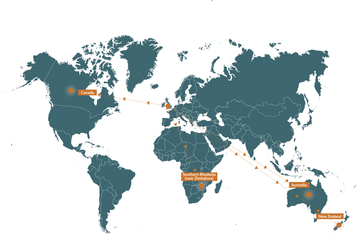 World map showing destination countries in the child migration programmes from the UK to Canada, Southern Rhodesia (now Zimbabwe), Australia and New Zealand 