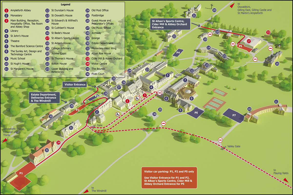 An illustrative map showing the Ampleforth estate with a legend that identifies each building and area