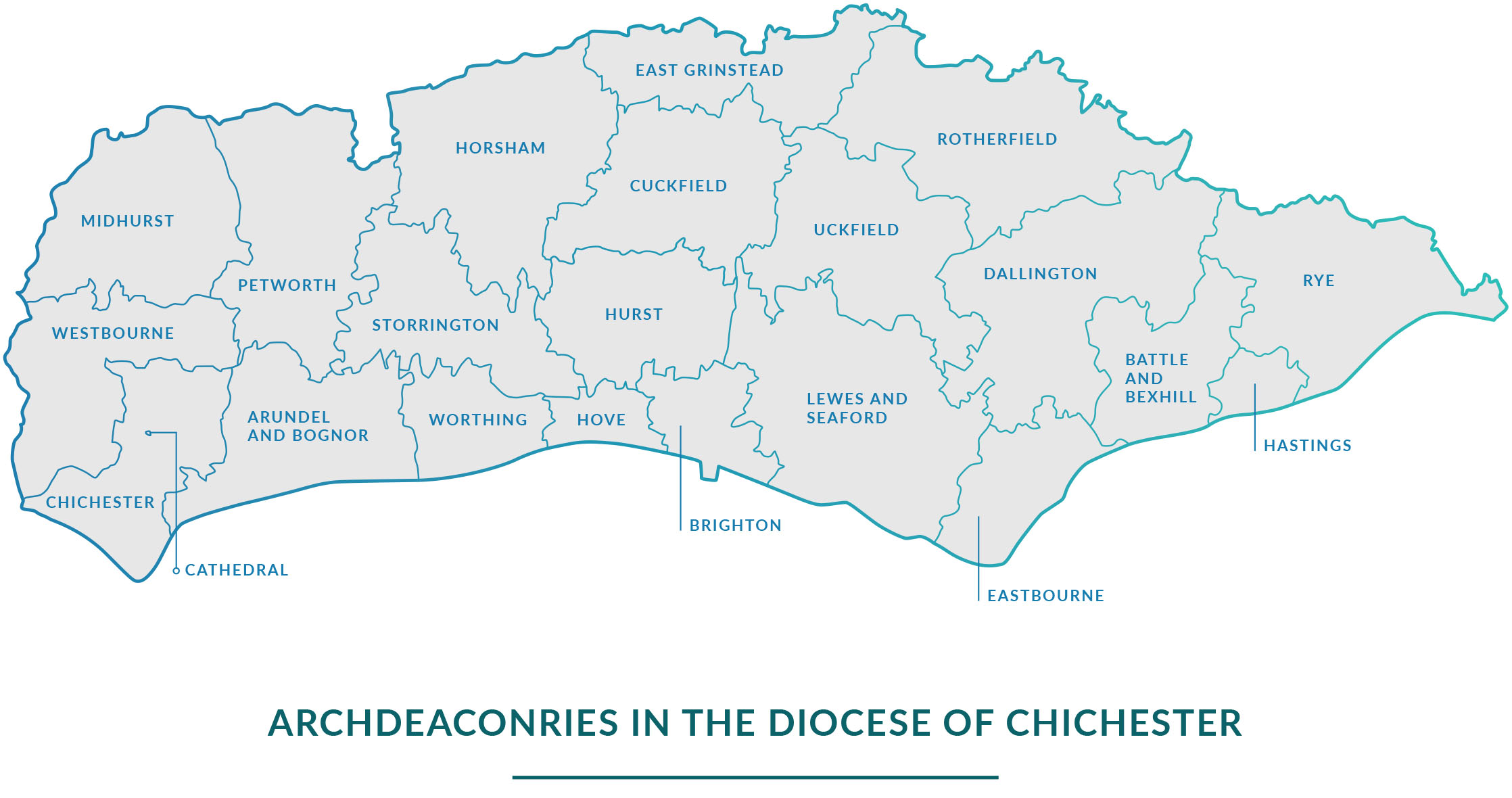 Map of the Diocese of Chichester, delineated into its archdeaconries