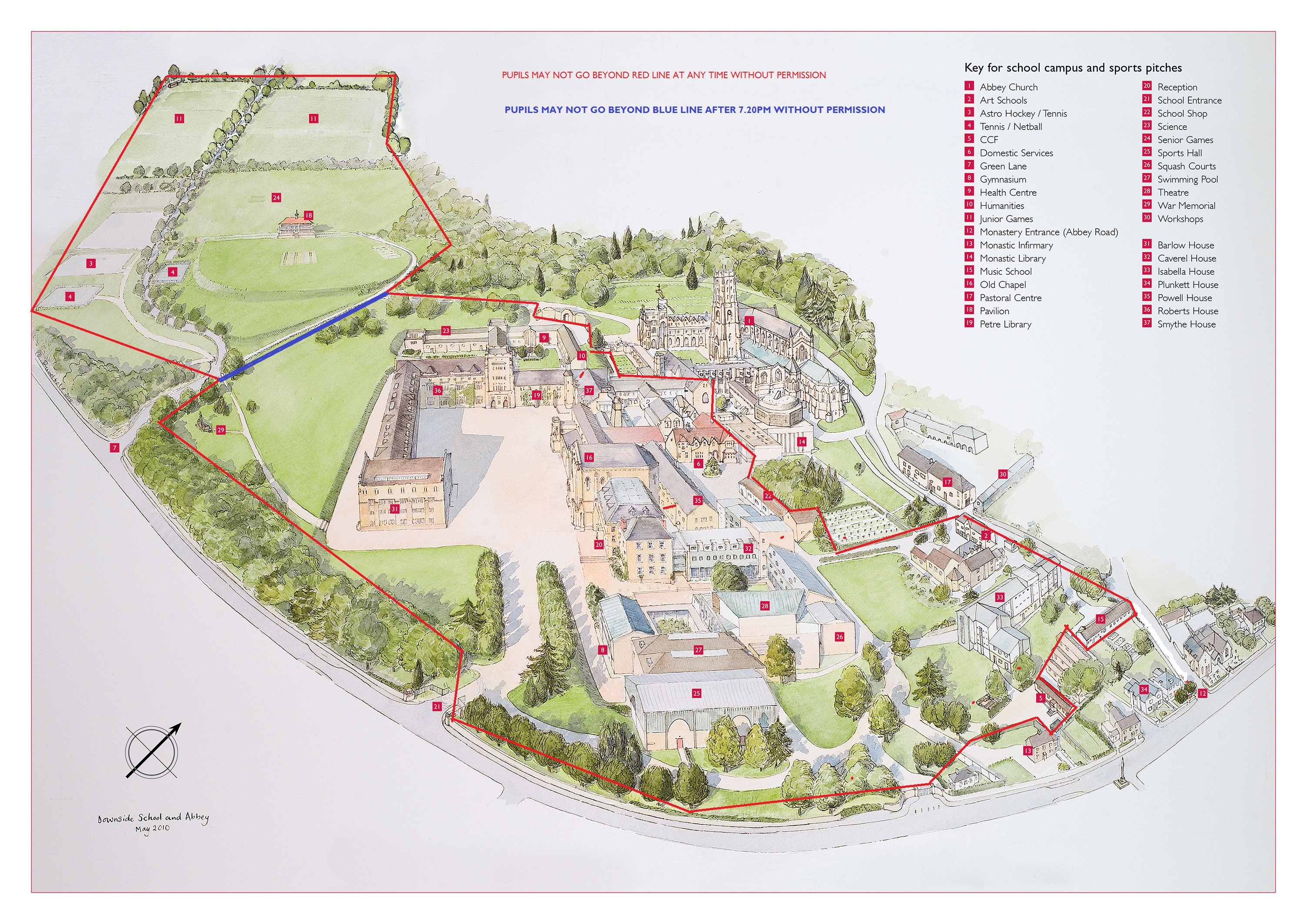 An illustrative map showing the Downside school estate. The legend identifies school buildings and sports pitches