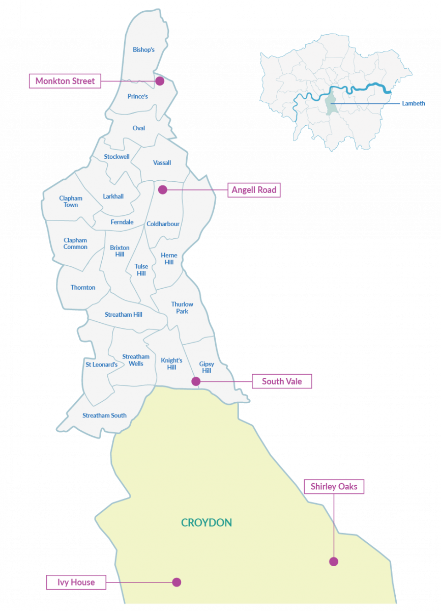 Map of The London Borough of Lambeth divided into its constituent administrative divisions. Also shown is part of the neighbouring Borough of Croydon. Marked on the map are the children's homes Angell Road (in the Lambeth division of Coldharbour), South Vale (within the Lambeth division of Knights Hill), Shirley Oaks (within The Borough of Croydon) and Ivy House (within The Borough of Croydon).