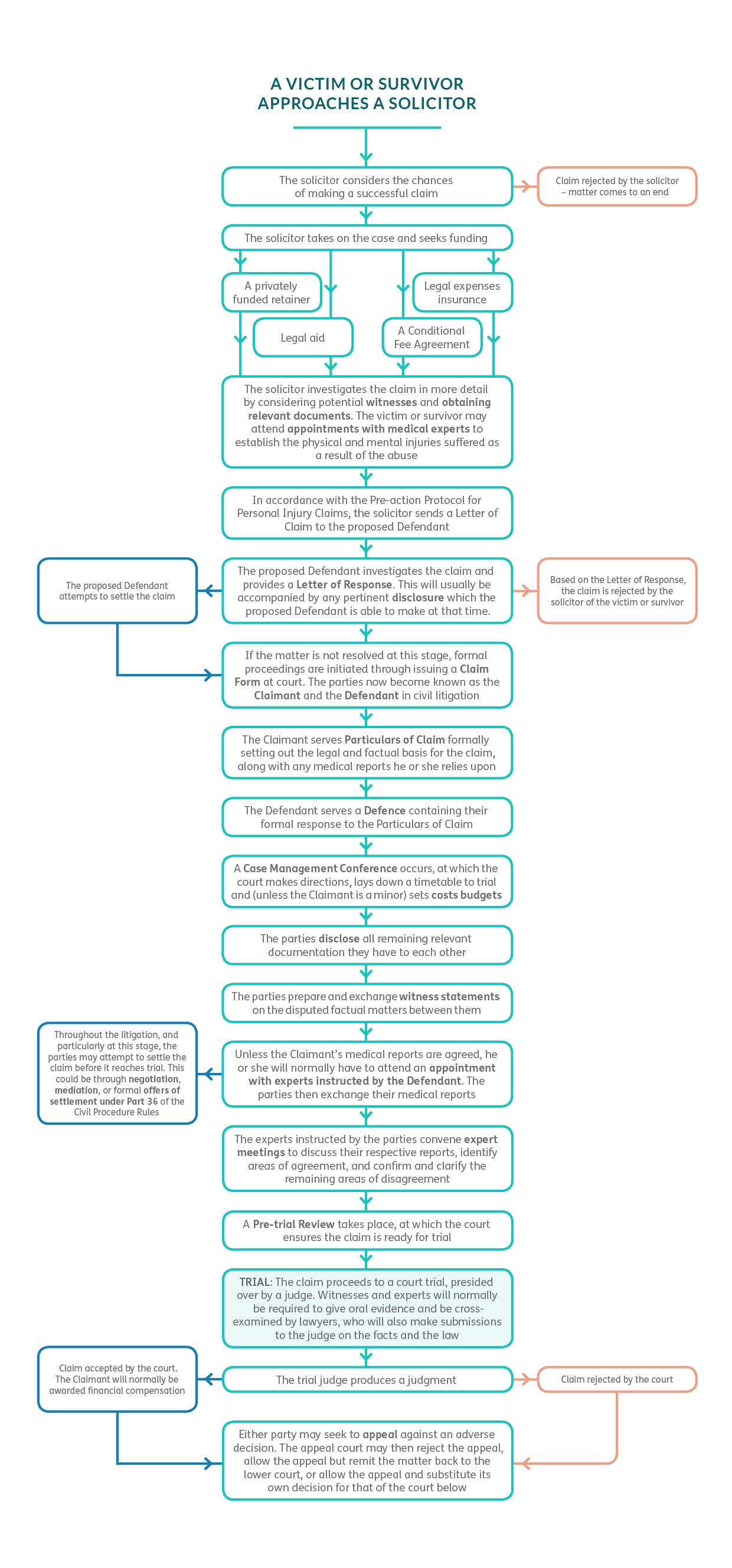 A flow diagram of the overview of the litigation process for the victims and survivors