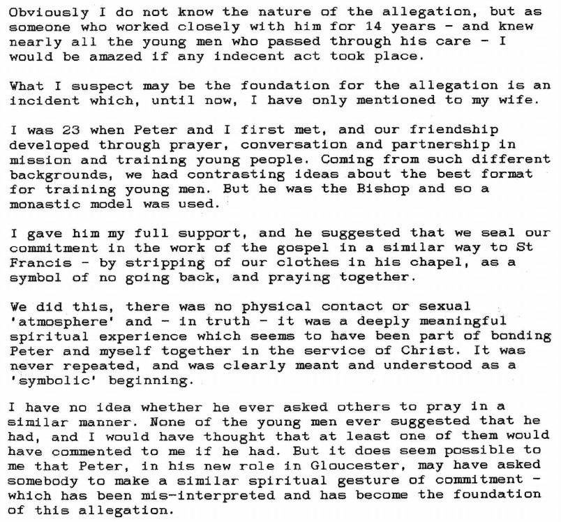 Typed letter about a personal experience with Peter Ball