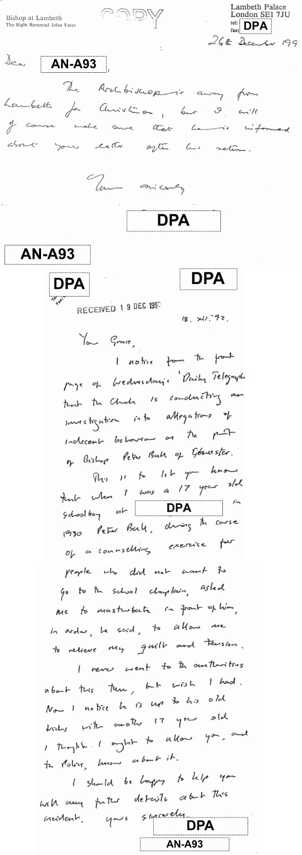 Handwritten letter from the office of the Bishop of Lambeth acknowledging the receipt of a letter but conveying that the Archbishop is away for Christmas. Dated 26th December 1999.