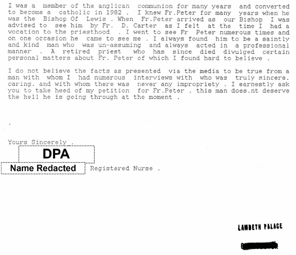 A letter from an associate of Peter Ball advocating for him
