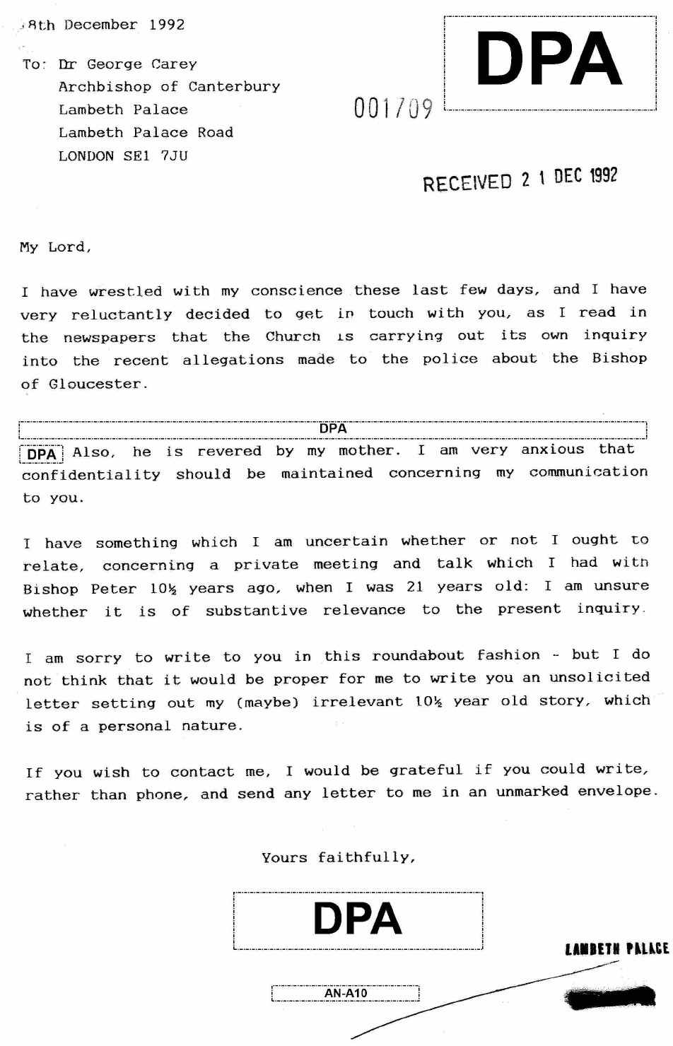 A letter to George Clarey, Archbishop of Canterbury by someone saying they may have some information that might be pertinent to the inquiry into Peter Ball