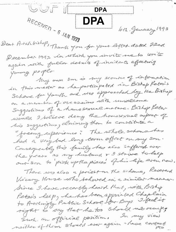 A handwritten letter, Dated 4th January 1993, from a mother reporting an incident with Peter Ball involving her son. 