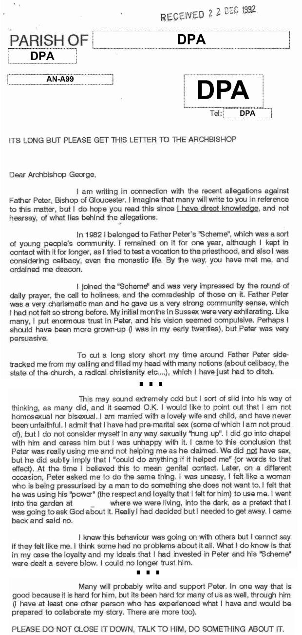A typed letter about a personal experience with Peter Ball