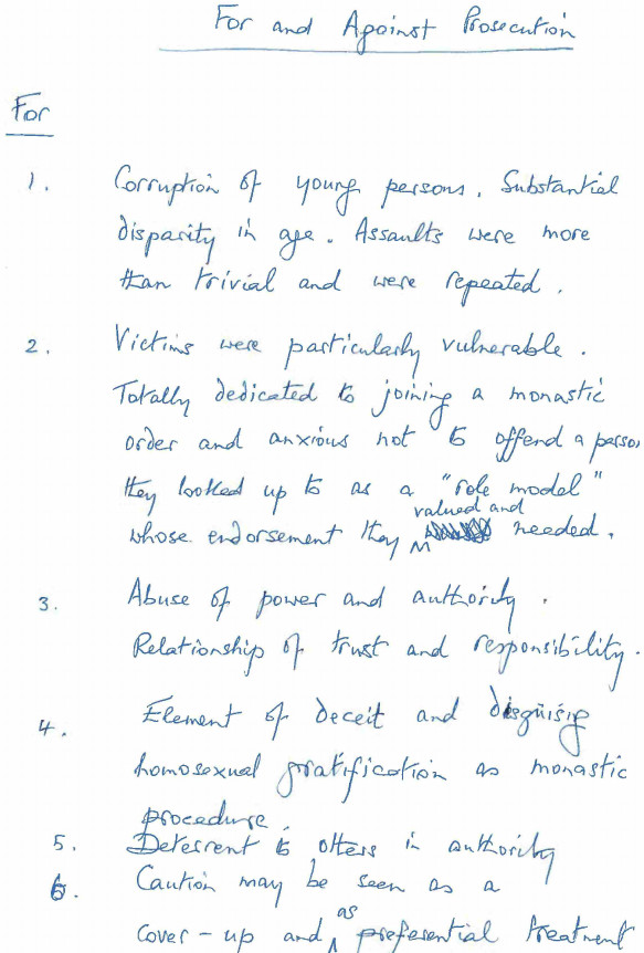 A handwritten list of factors in favour of the prosecution of Peter Ball written by the CPS