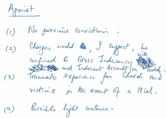 A handwritten list of factors against the prosecution of Peter Ball written by the CPS