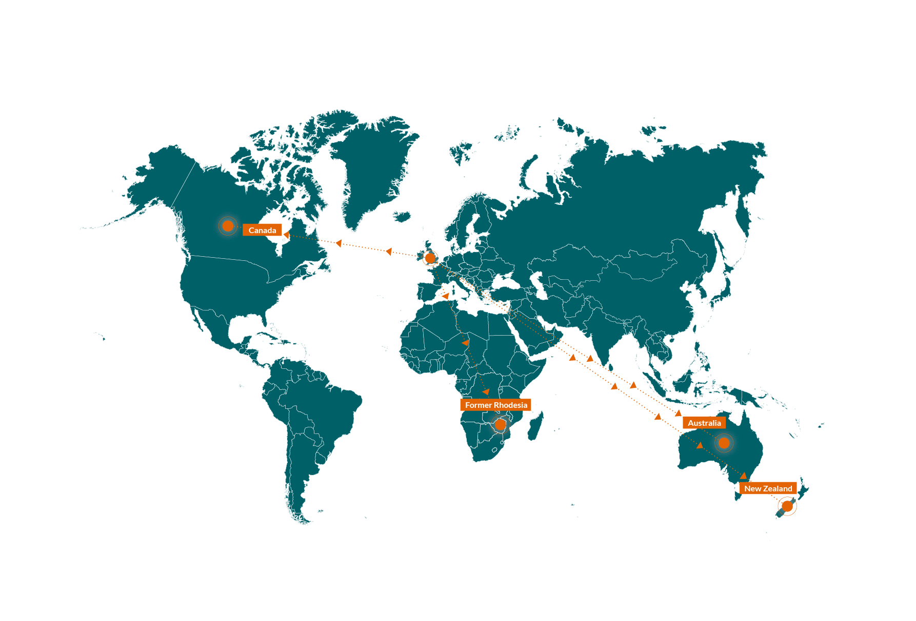 World map showing the destination countries of child migration programmes from the UK to Canada, Former Rhodesia, Australia and New Zealand