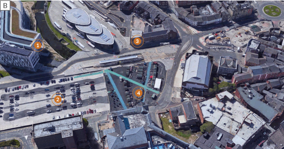 An aerial photograph Rochdale city centre with key locations marked; RBC current offices. Site of former bus station. Site Smith Street toilets. Site of former RBC offices.
