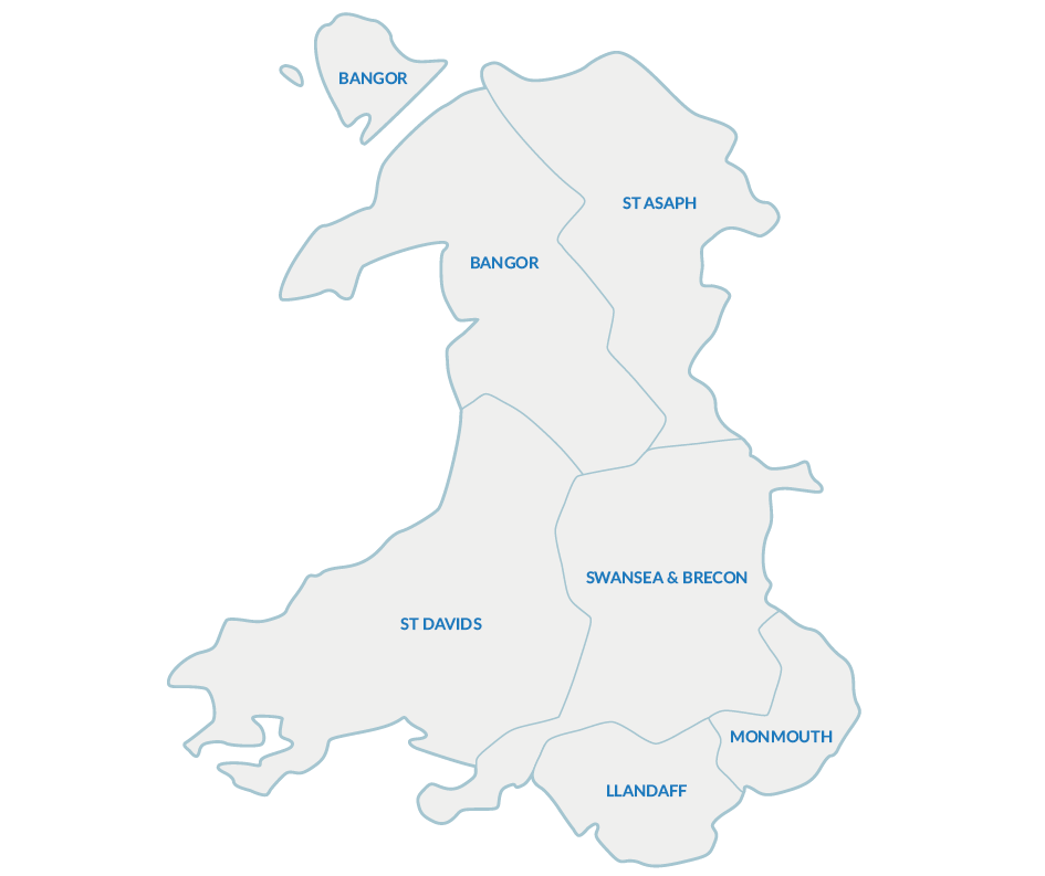 Map of Wales split into six dioceses (Bangor, Llandaff, Monmouth, St Asaph, St David’s, and Swansea and Brecon)