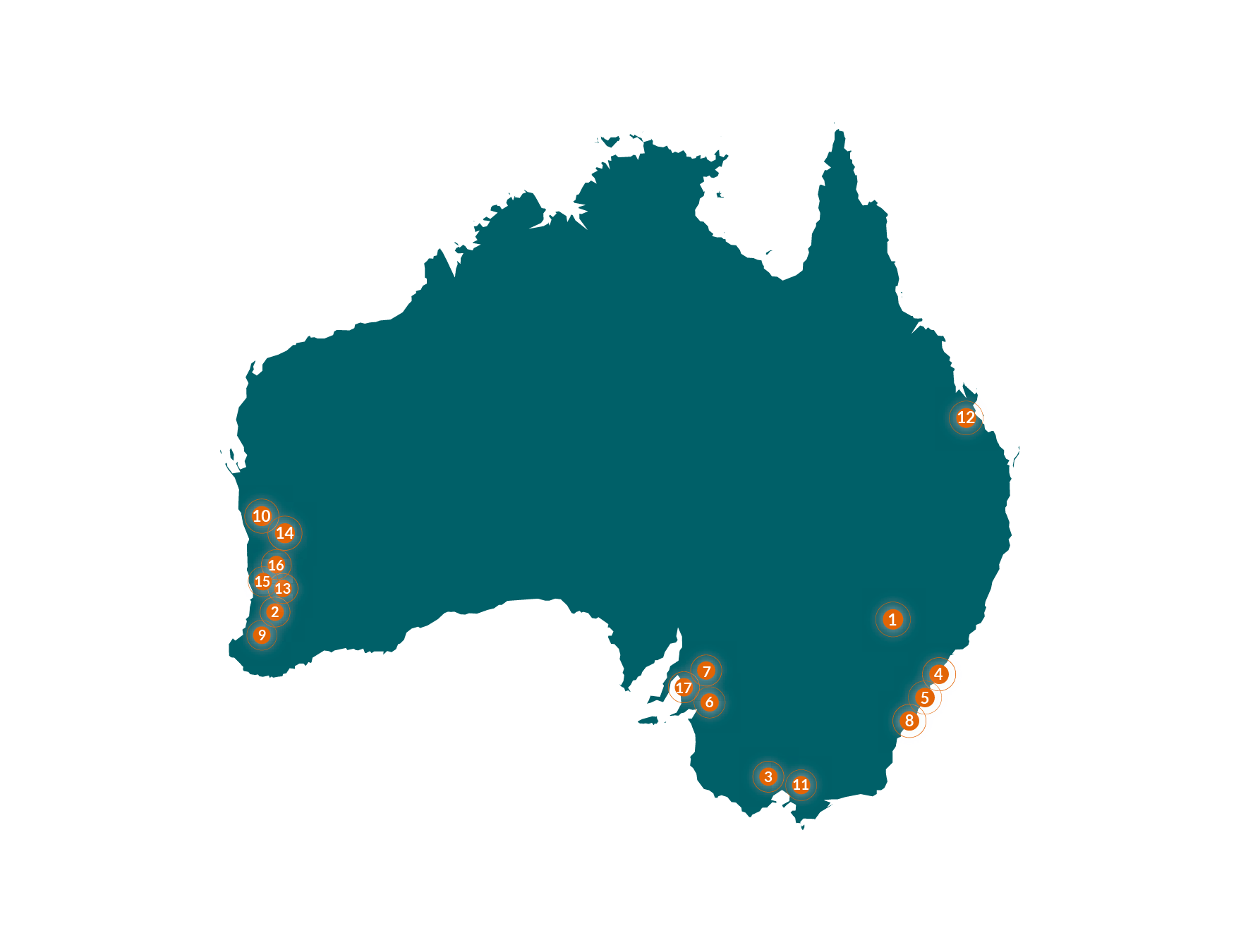 Map of Australia showing the receiving institutions featured in the Child Migration Programmes investigation report