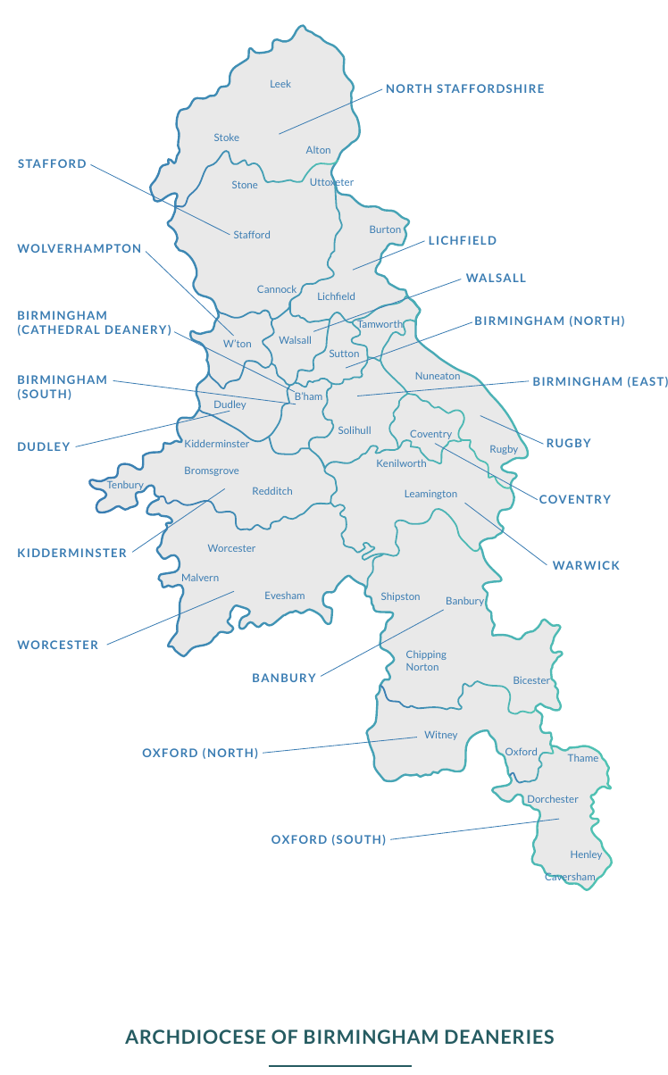 A map of the Archdiocese of Birmingham delineated by Deaneries, with major towns also noted