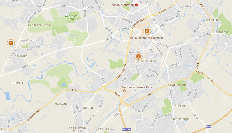 Map of Rochdale with key locations; Site of Knowl View School. Site of former RBC offices, Smith Street toilets and former bus station. Site of Cambridge House Boys' Hostel