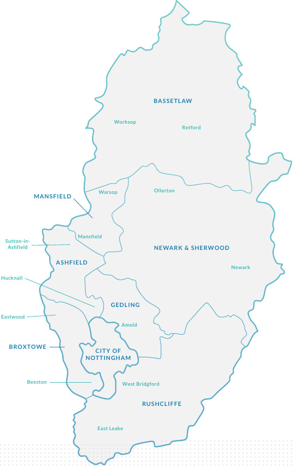 A map of Nottinghamshire County delineated by districts, with major towns also noted