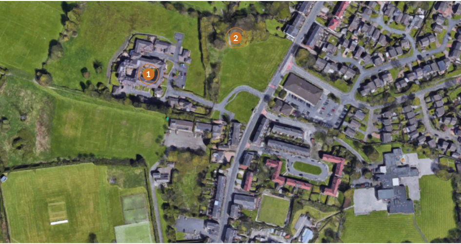 An Aerial photograph of the Site of Knowl View School with key locations; Site of Knowl View. Copse